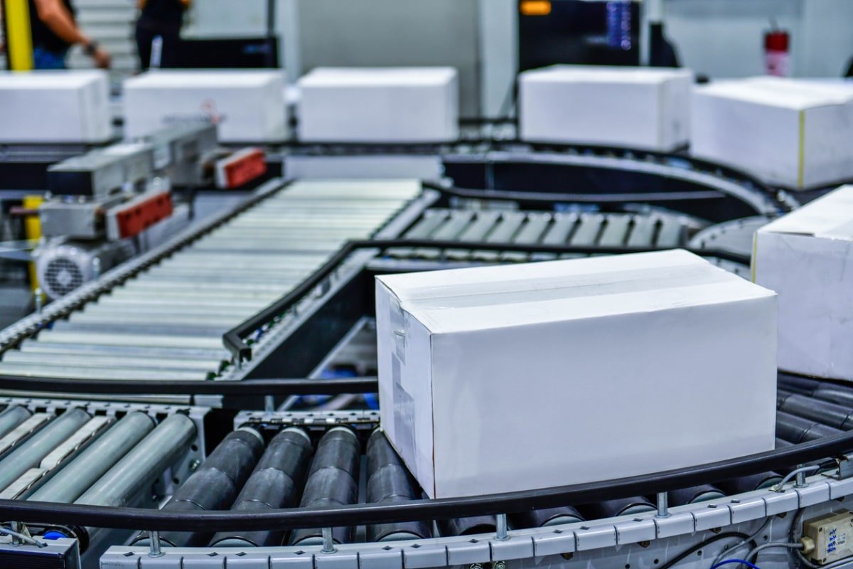 White paper box on conveyor belt